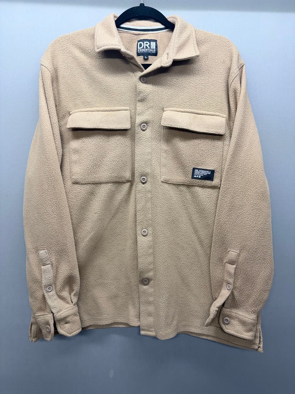 DRL Essentials Mens Large Polar Fleece Button Up Shacket Shirt Jacket Beige